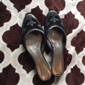 Black python print leather and suede size 9 mules